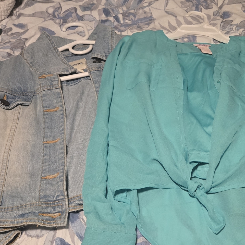 Girls Cherokee Light Blue Jean Jacket And Candies Teal Layered Blouse Sz 10/12